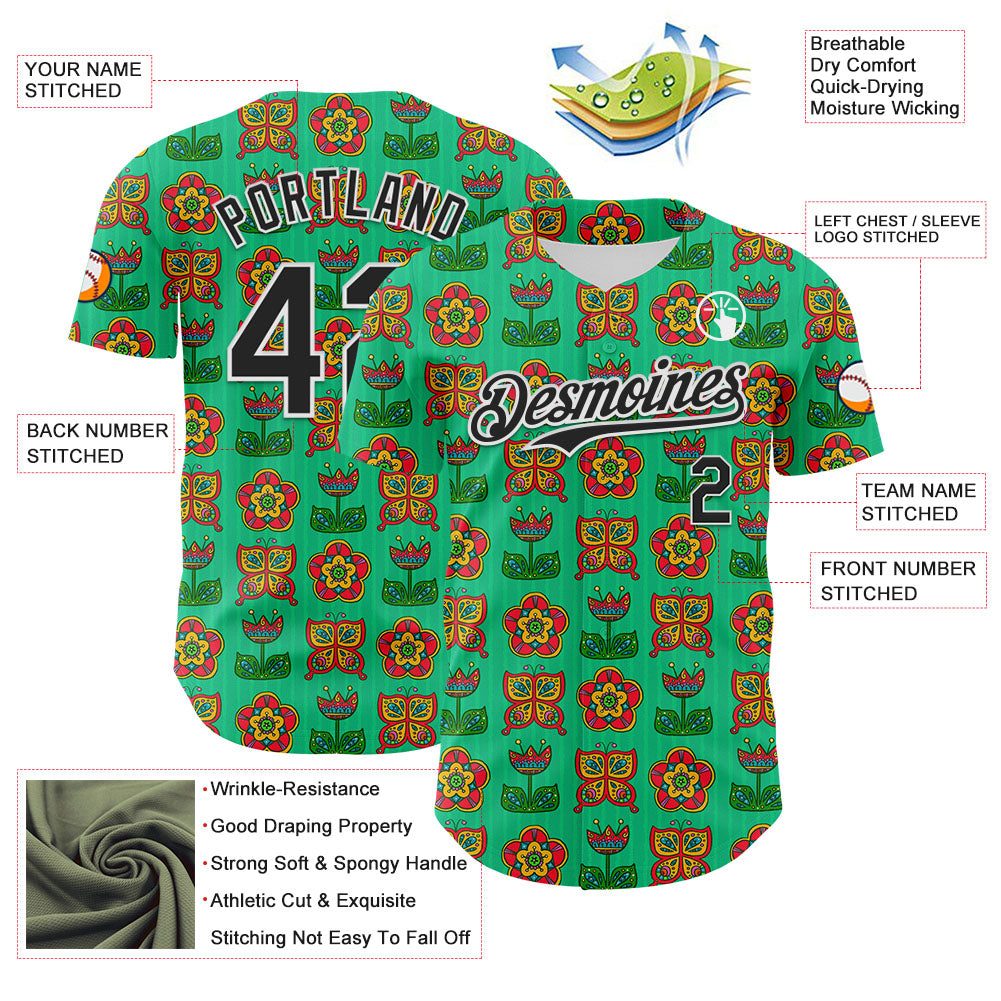 Custom Green Black-White 3D Emi Bee Butterfly Flower Authentic Baseball Jersey