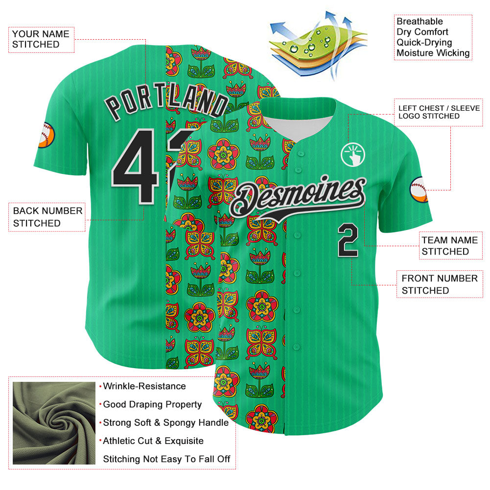 Custom Green Black-White 3D Emi Bee Butterfly Flower Authentic Baseball Jersey