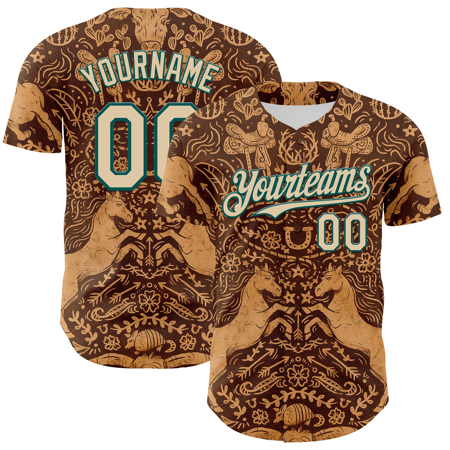 Custom Brown City Cream-Midnight Green 3D Emi Bee Cowpoke Damask Authentic Baseball Jersey
