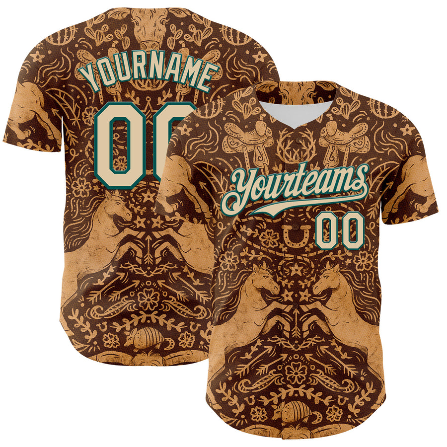 Custom Brown City Cream-Midnight Green 3D Emi Bee Cowpoke Damask Authentic Baseball Jersey