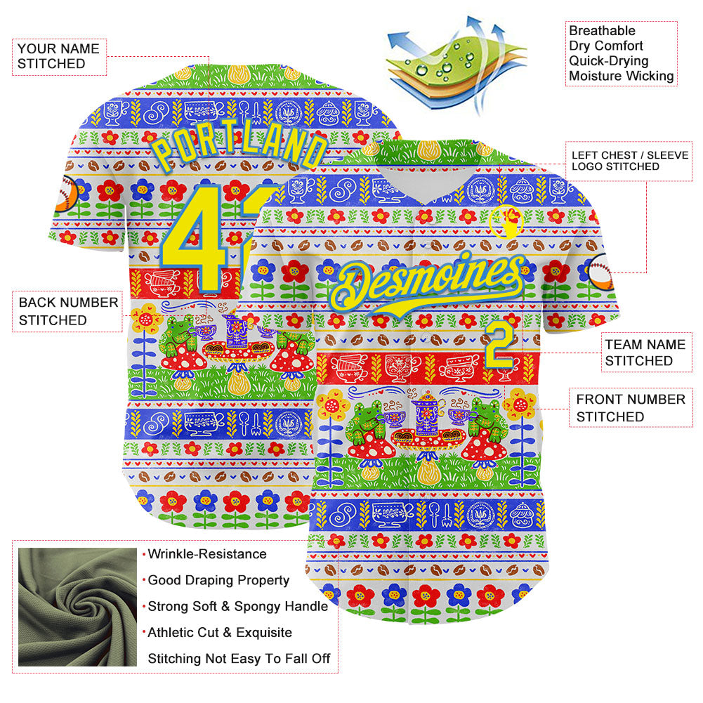 Custom White Light Yellow-Electric Blue 3D Emi Bee Fika Frogs Authentic Baseball Jersey