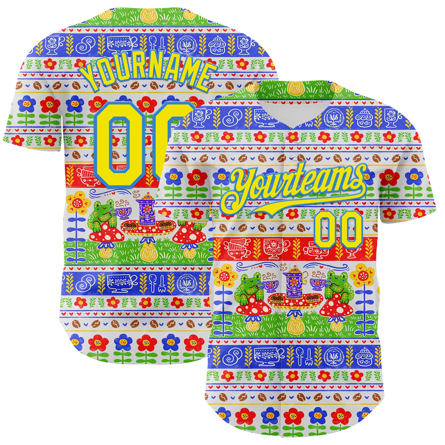 Custom White Light Yellow-Electric Blue 3D Emi Bee Fika Frogs Authentic Baseball Jersey