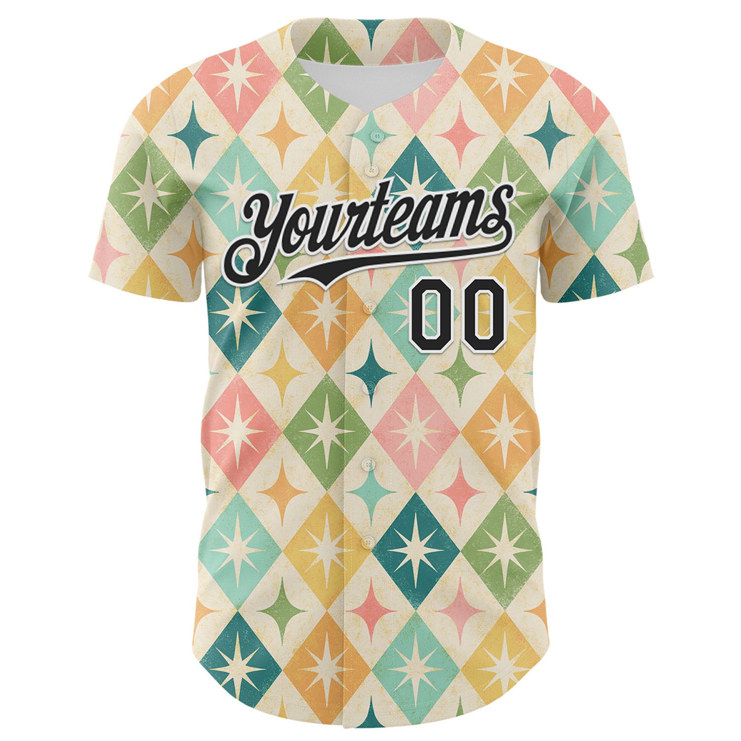 Custom Cream Black-White 3D Emi Bee Harlequin Starbursts Authentic Baseball Jersey