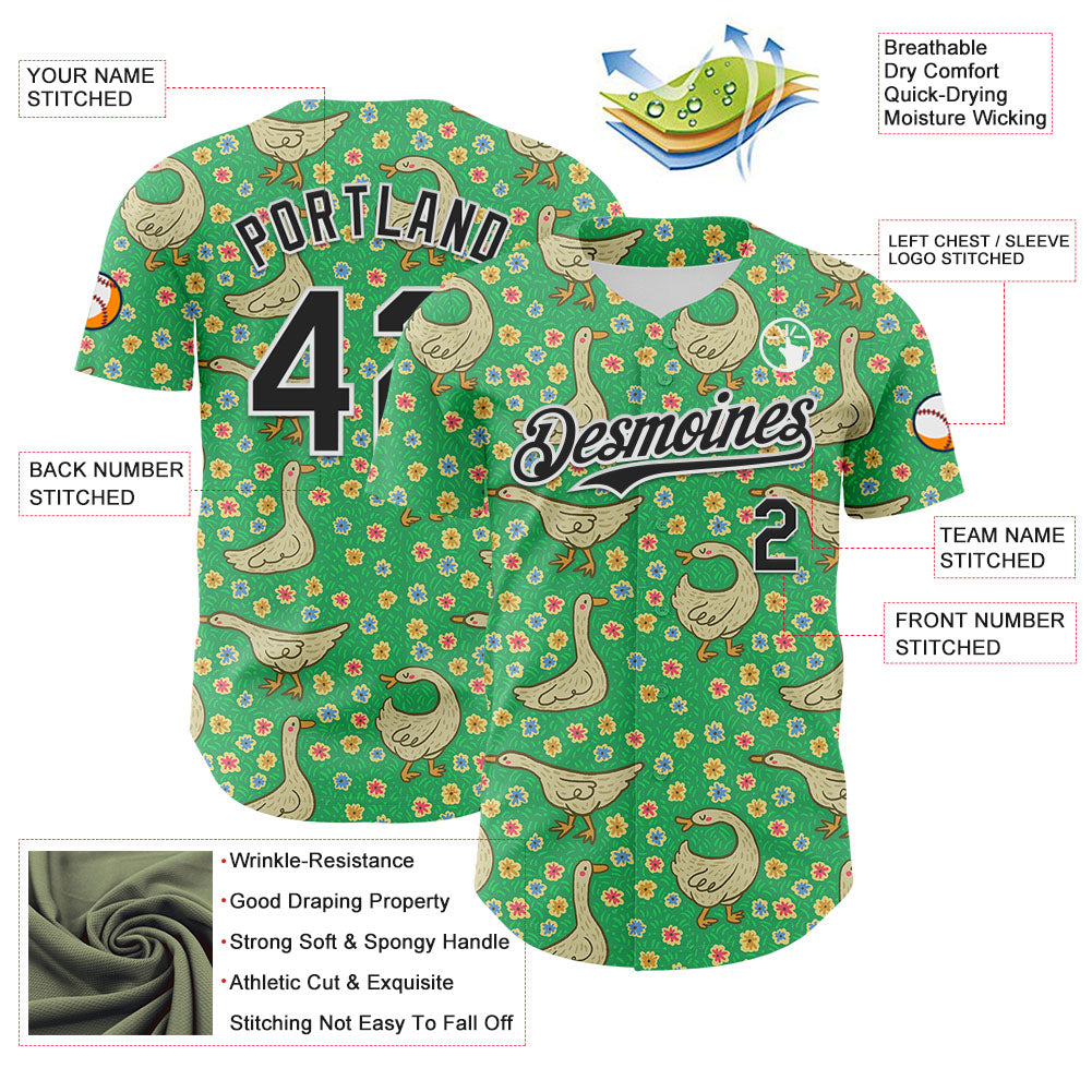 Custom Green Black-White 3D Emi Bee Meadow Geese Authentic Baseball Jersey