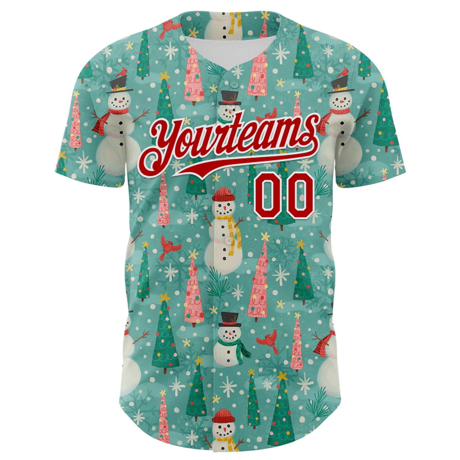 Custom Teal Red-White 3D Emi Bee Merry Snowmen Authentic Baseball Jersey