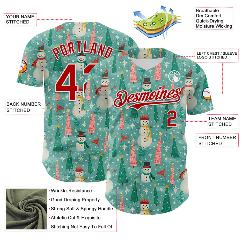 Custom Teal Red-White 3D Emi Bee Merry Snowmen Authentic Baseball Jersey