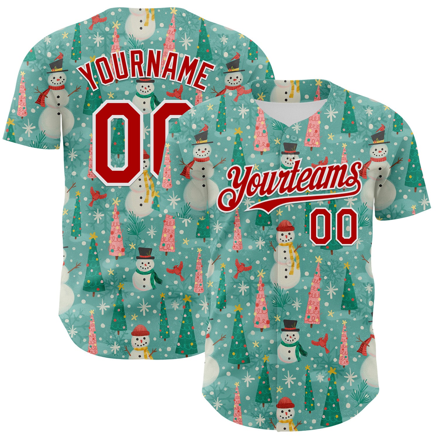 Custom Teal Red-White 3D Emi Bee Merry Snowmen Authentic Baseball Jersey