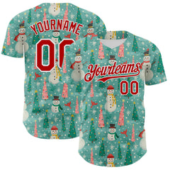 Custom Teal Red-White 3D Emi Bee Merry Snowmen Authentic Baseball Jersey