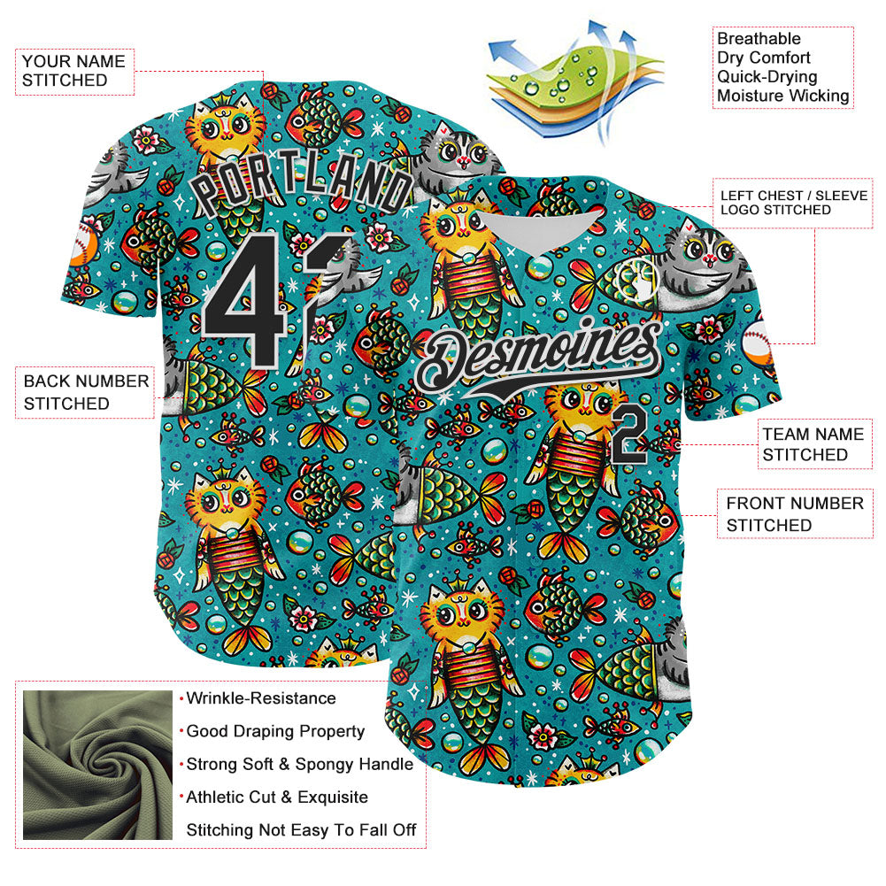 Custom Teal Black-White 3D Emi Bee Purrmaids Authentic Baseball Jersey