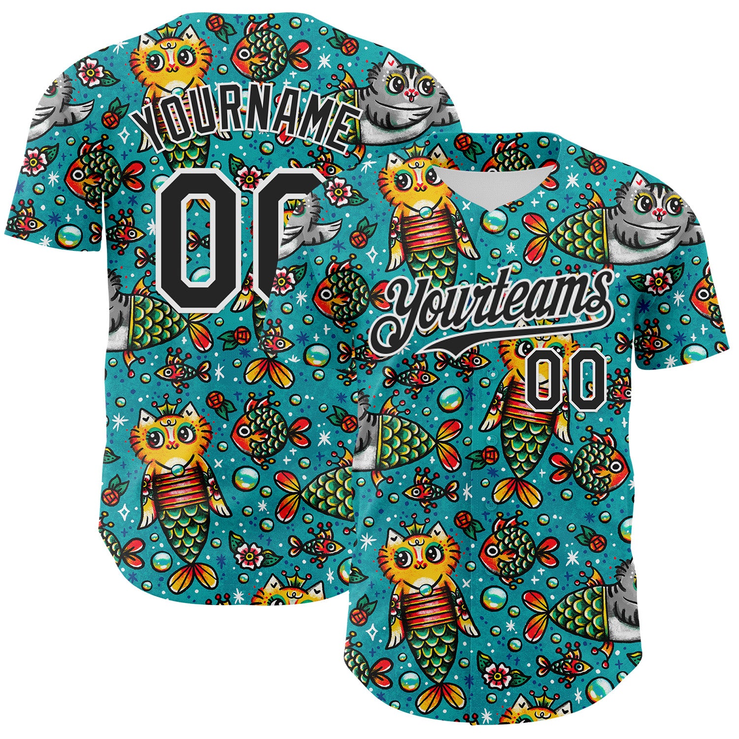 Custom Teal Black-White 3D Emi Bee Purrmaids Authentic Baseball Jersey