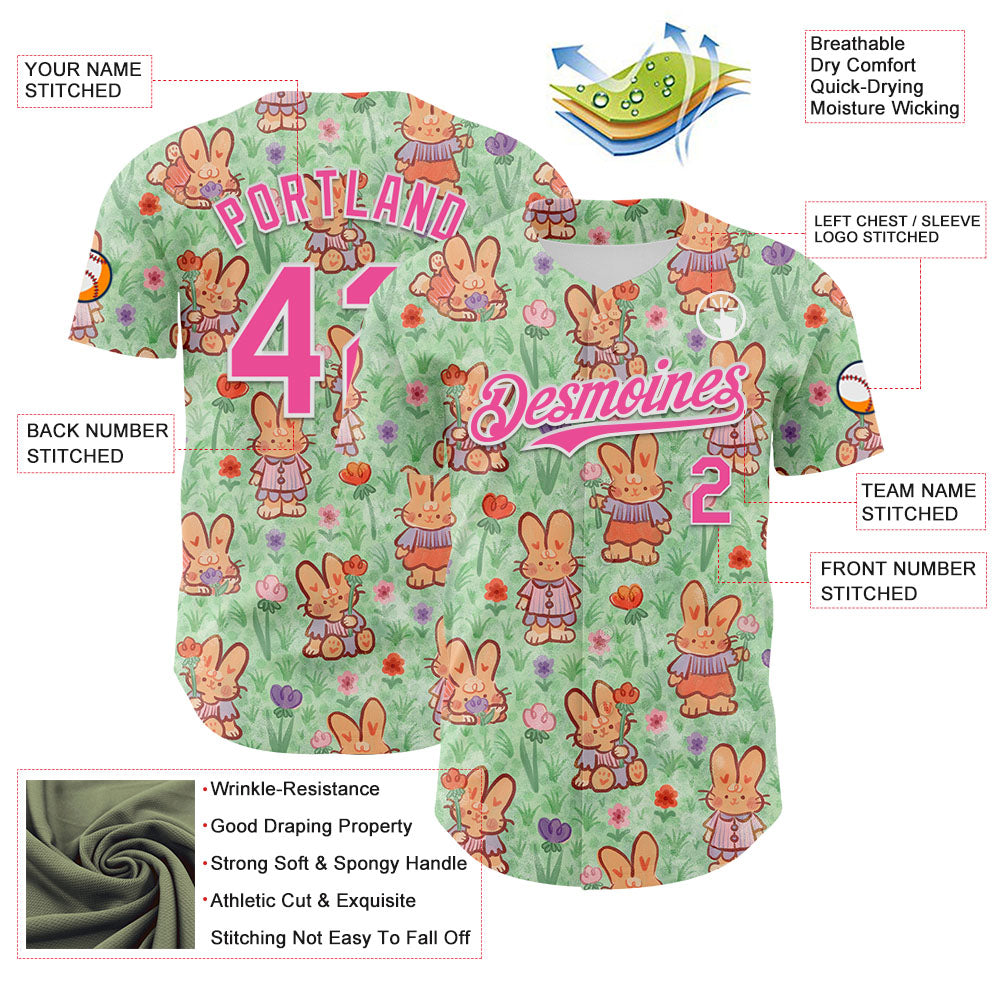 Custom Green Pink-White 3D Emi Bee Spring Bunnies Authentic Baseball Jersey