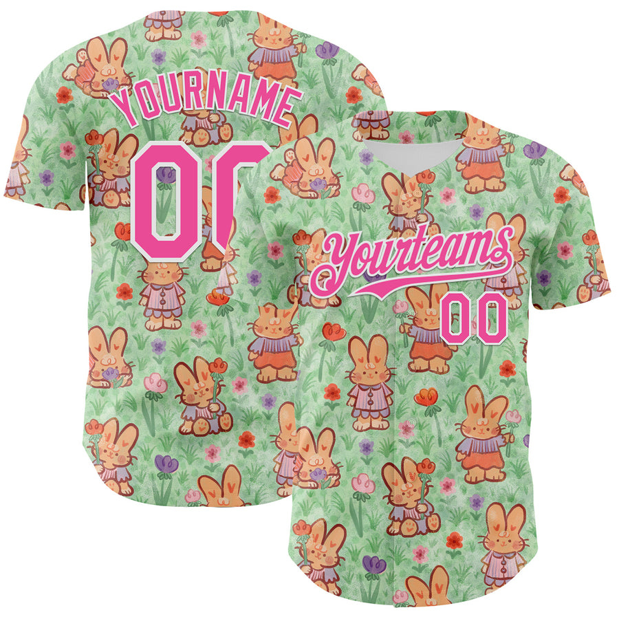 Custom Green Pink-White 3D Emi Bee Spring Bunnies Authentic Baseball Jersey