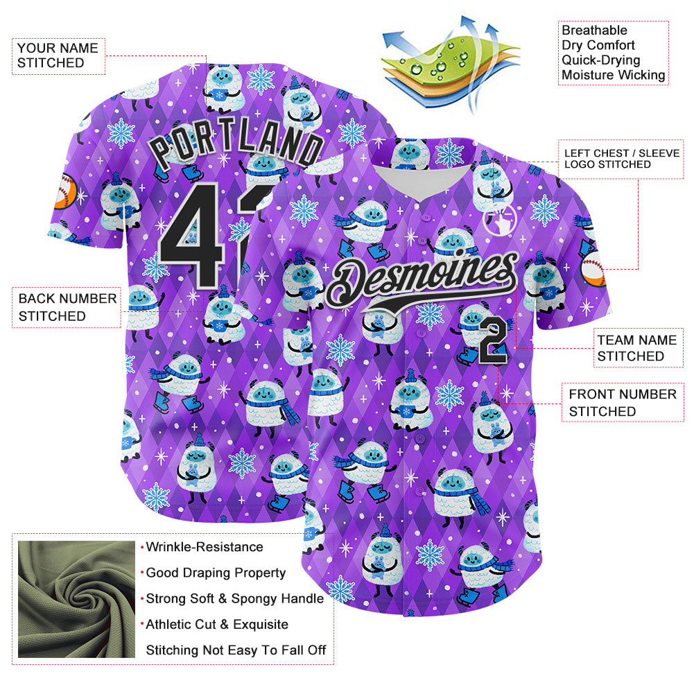 Custom Purple Black-White 3D Emi Bee Yetis In Snow Authentic Baseball Jersey