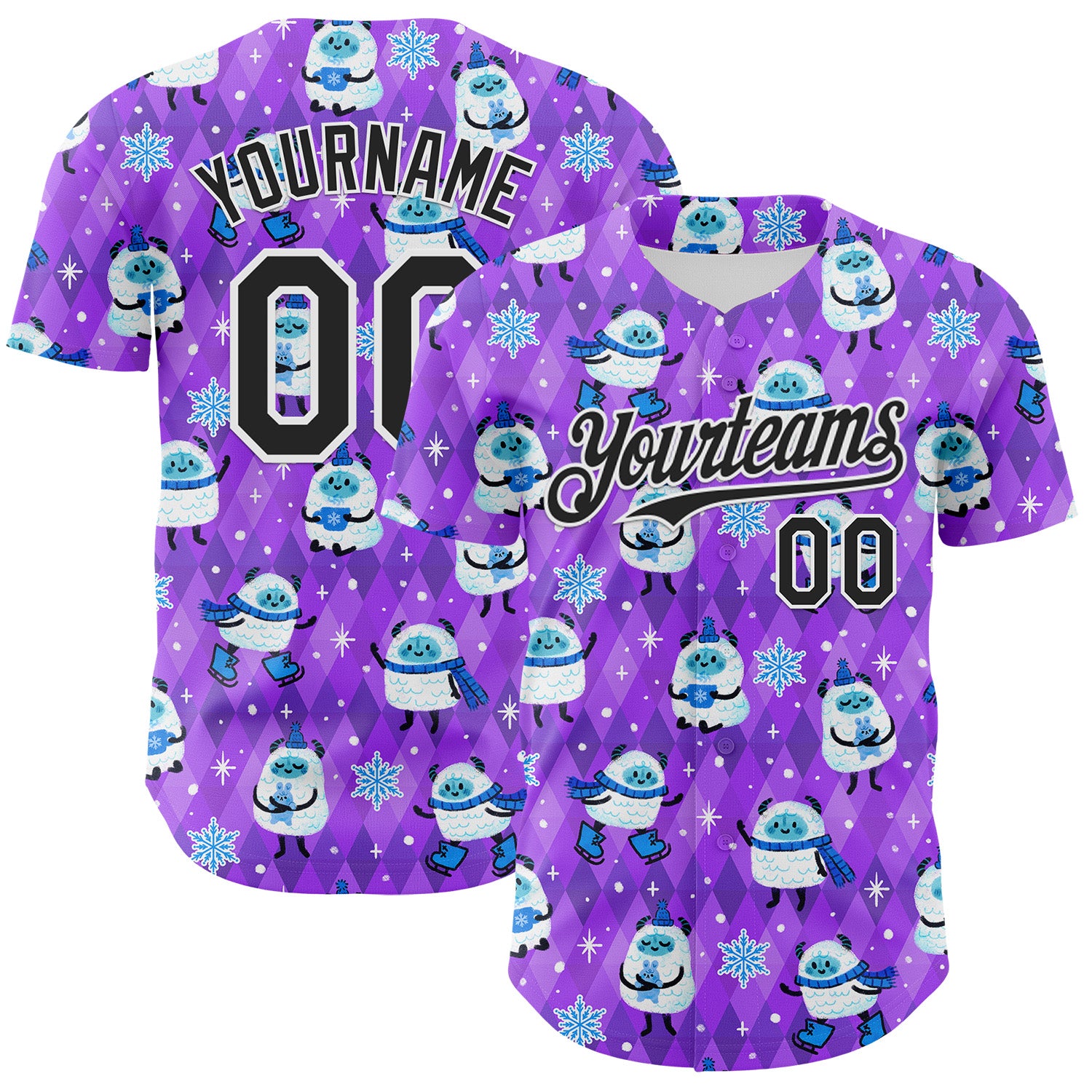 Custom Purple Black-White 3D Emi Bee Yetis In Snow Authentic Baseball Jersey