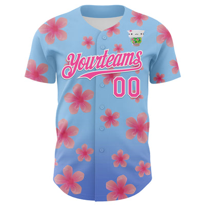 Custom Light Blue Pink-White 3D Cindy Suen Flowers Bloom Authentic Baseball Jersey