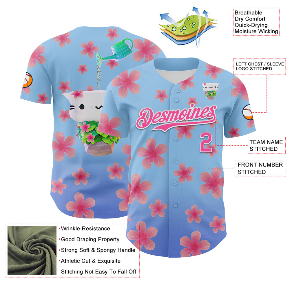 Custom Light Blue Pink-White 3D Cindy Suen Flowers Bloom Authentic Baseball Jersey