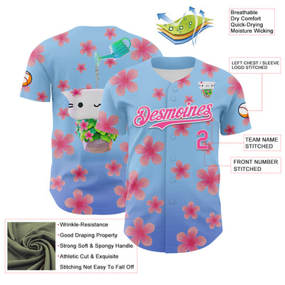 Custom Light Blue Pink-White 3D Cindy Suen Flowers Bloom Authentic Baseball Jersey