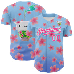 Custom Light Blue Pink-White 3D Cindy Suen Flowers Bloom Authentic Baseball Jersey