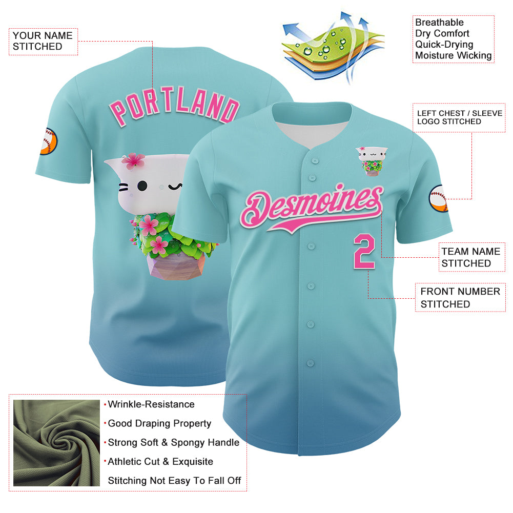Custom Ice Blue Pink-White 3D Cindy Suen Flowers Bloom Authentic Baseball Jersey