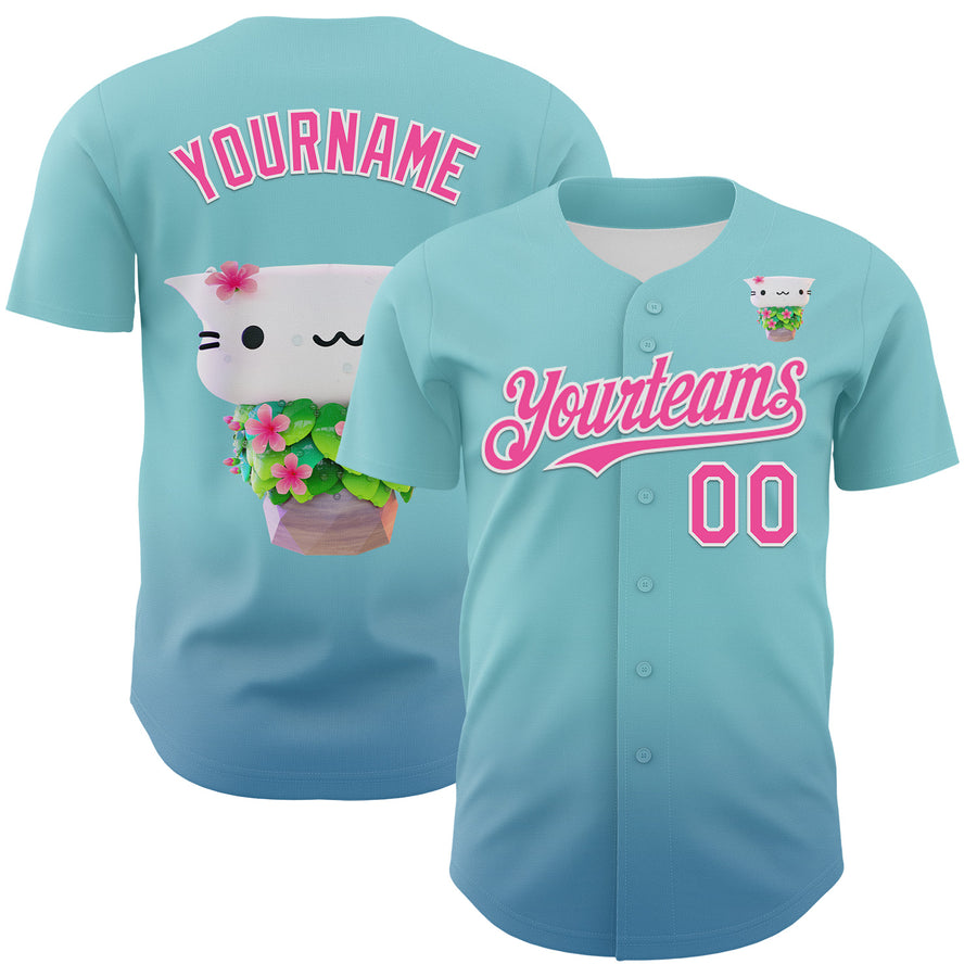 Custom Ice Blue Pink-White 3D Cindy Suen Flowers Bloom Authentic Baseball Jersey