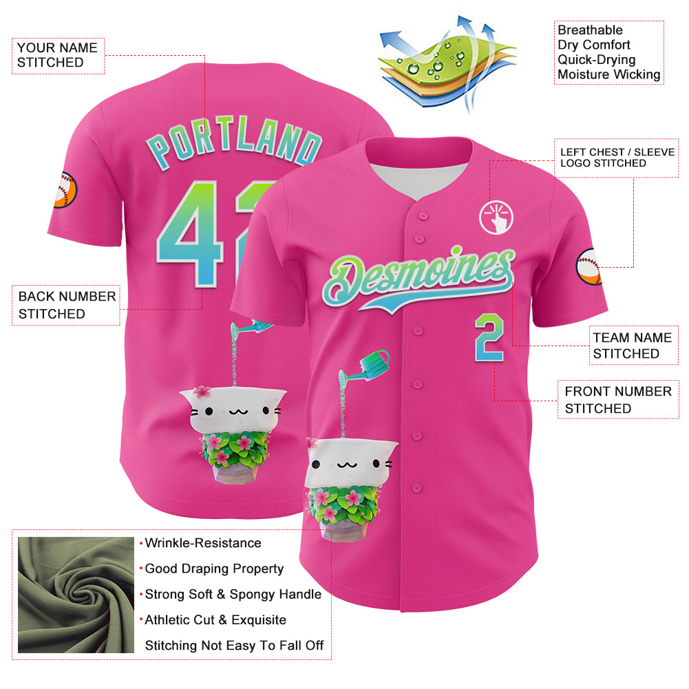 Custom Pink Neon Green-Sky Blue Fade 3D Cindy Suen Flowers Bloom Authentic Baseball Jersey