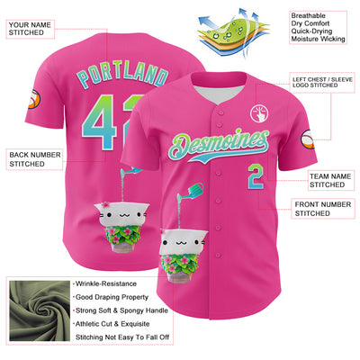 Custom Pink Neon Green-Sky Blue Fade 3D Cindy Suen Flowers Bloom Authentic Baseball Jersey