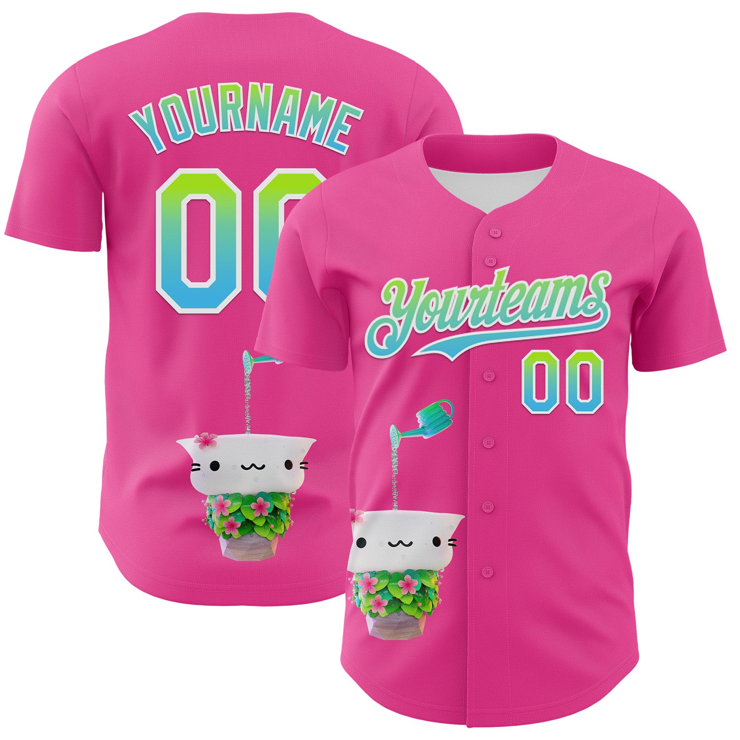 Custom Pink Neon Green-Sky Blue Fade 3D Cindy Suen Flowers Bloom Authentic Baseball Jersey