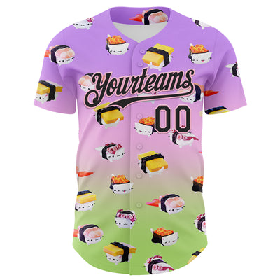 Custom Purple Black Light Pink-Neon Green Fade 3D Cindy Suen Sushi Cats Authentic Baseball Jersey