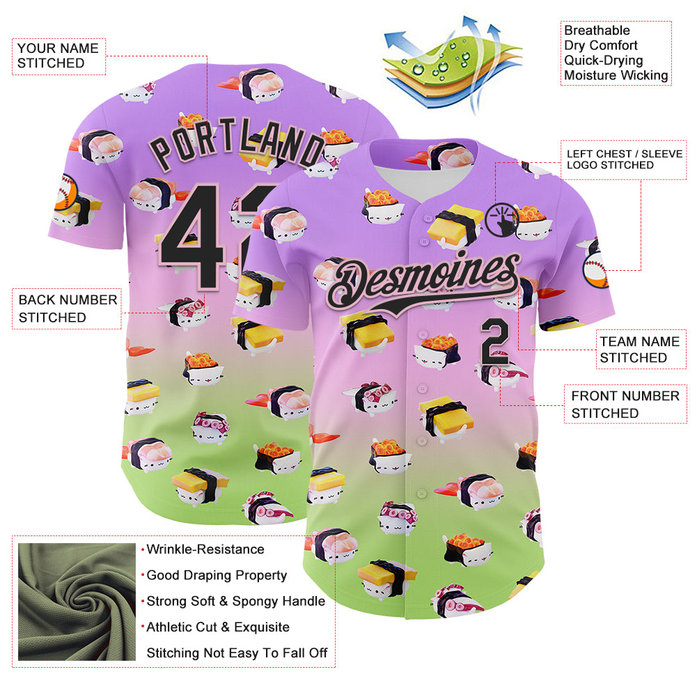 Custom Purple Black Light Pink-Neon Green Fade 3D Cindy Suen Sushi Cats Authentic Baseball Jersey