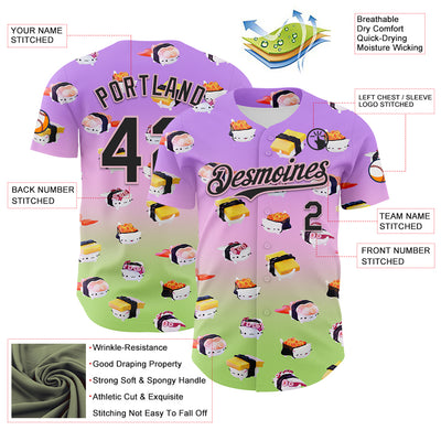 Custom Purple Black Light Pink-Neon Green Fade 3D Cindy Suen Sushi Cats Authentic Baseball Jersey