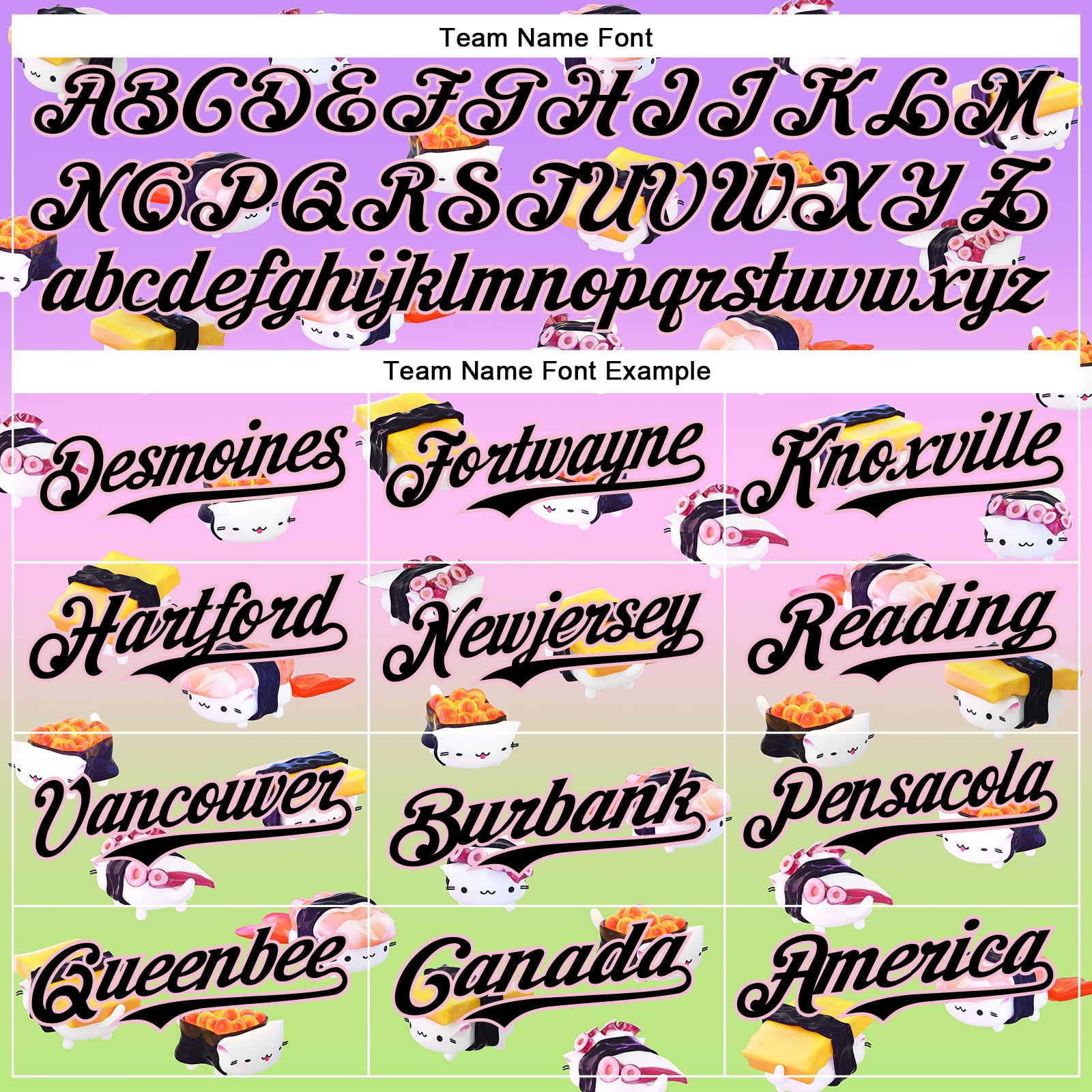 Custom Purple Black Light Pink-Neon Green Fade 3D Cindy Suen Sushi Cats Authentic Baseball Jersey