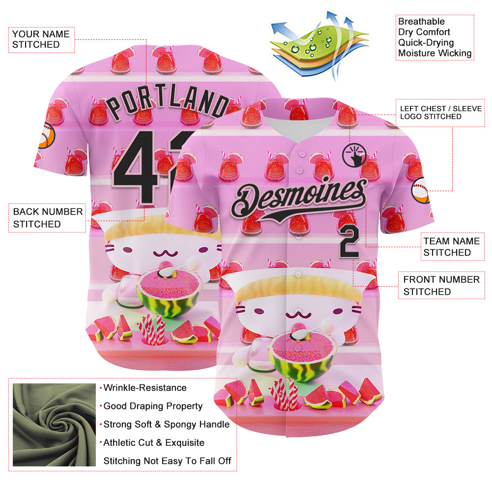 Custom Pink Black-Light Pink 3D Cindy Suen Watermelon Smoothies Authentic Baseball Jersey