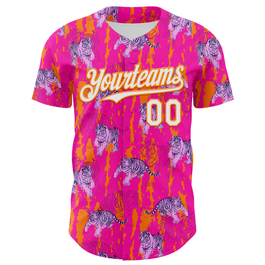Custom Deep Pink White-Bay Orange 3D Hawaii Tropical Animal Tiger Authentic Baseball Jersey