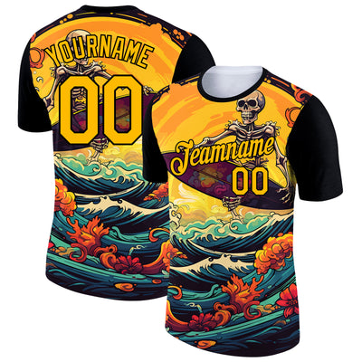 Custom Black Gold 3D Pattern Design Extreme Sport Skul Skiing Performance T-Shirt