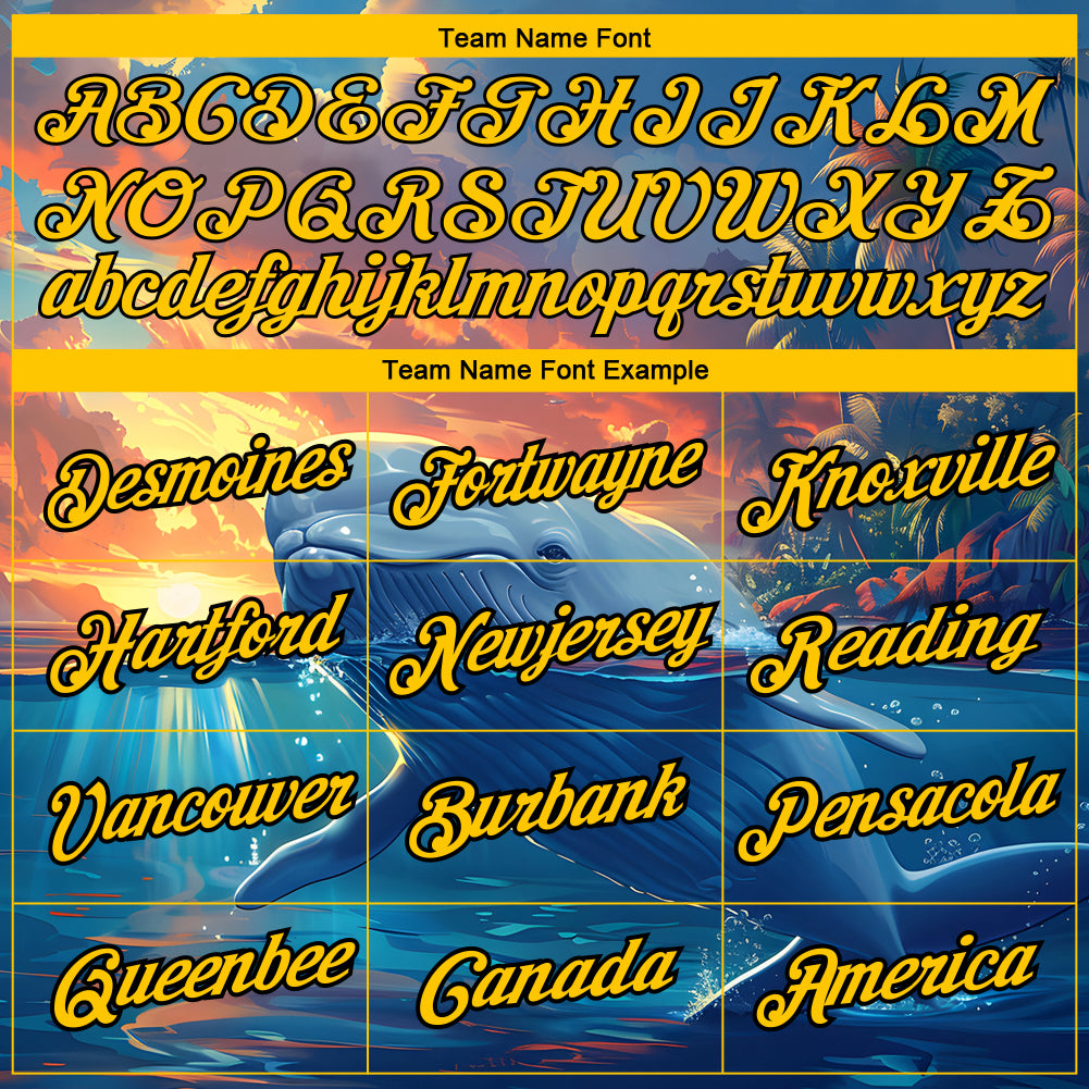 Custom Shadow Blue Gold-White 3D Pattern Design Extreme Sport Marine Aquatic Animal Whale Performance T-Shirt