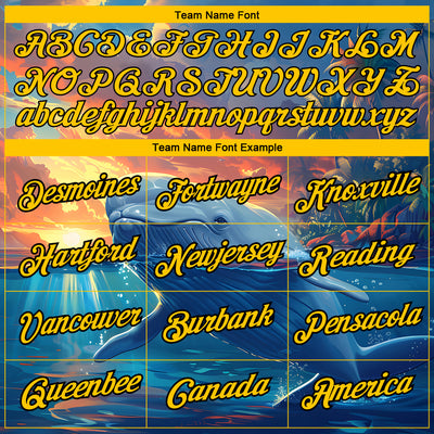 Custom Shadow Blue Gold-White 3D Pattern Design Extreme Sport Marine Aquatic Animal Whale Performance T-Shirt