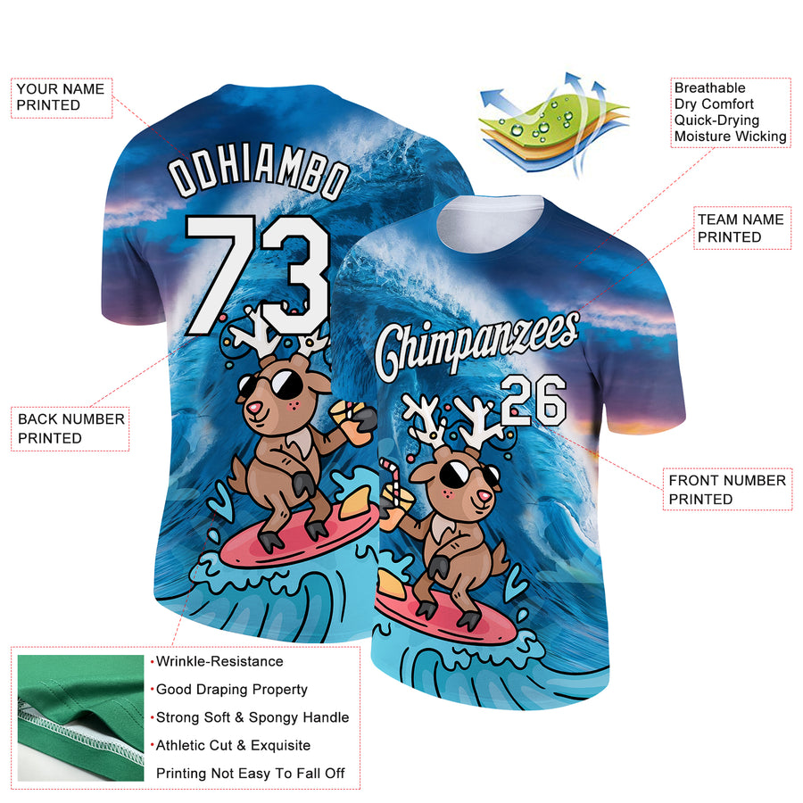 Custom Blue White-Black 3D Pattern Design Extreme Sport Cartoon Animal Deer Surfing Performance T-Shirt