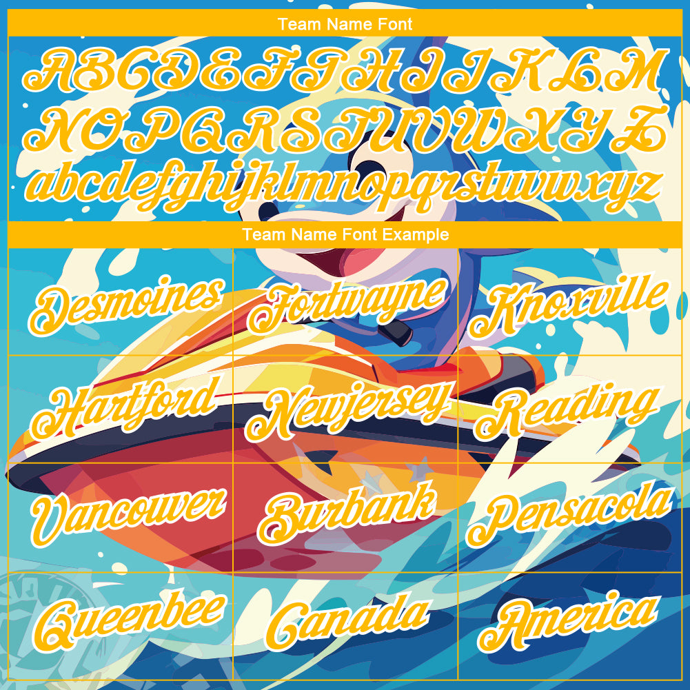 Custom Sky Blue Gold-White 3D Pattern Design Extreme Sport Cartoon Animal Dolphin Surfing Performance T-Shirt