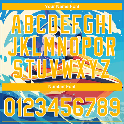 Custom Sky Blue Gold-White 3D Pattern Design Extreme Sport Cartoon Animal Dolphin Surfing Performance T-Shirt