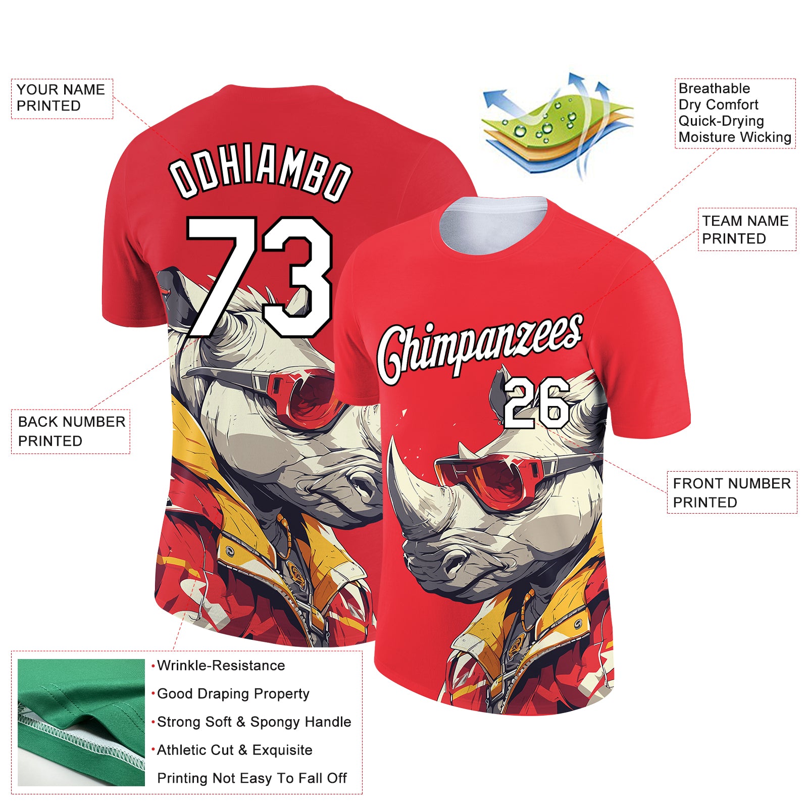 Custom Fire Red White-Black 3D Pattern Design Extreme Sport Cartoon Animal Rhinoceros Ski Instructor Performance T-Shirt