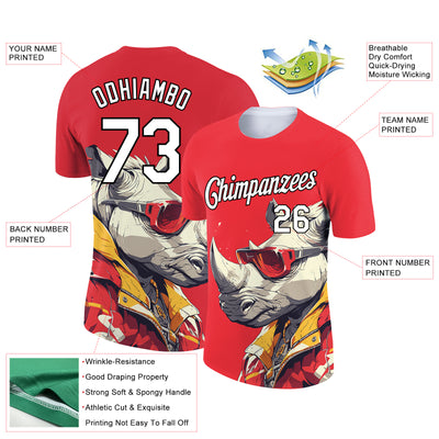 Custom Fire Red White-Black 3D Pattern Design Extreme Sport Cartoon Animal Rhinoceros Ski Instructor Performance T-Shirt