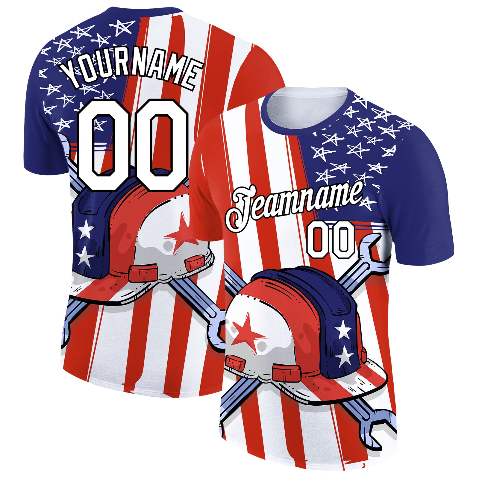 Custom Red Blue-Black 3D Pattern Design American Flag Tool Wrench Labor Day Performance T-Shirt