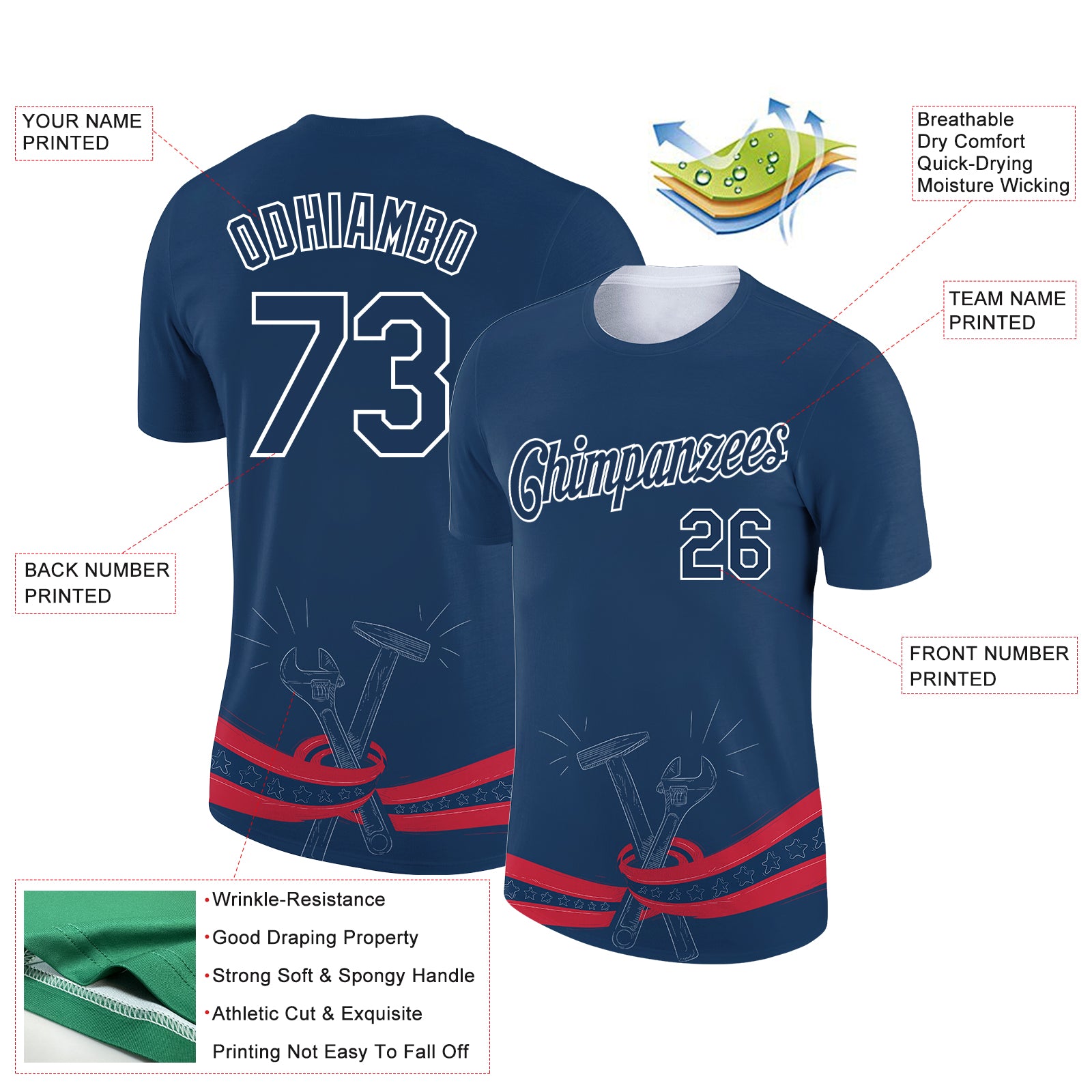 Custom US Navy Blue White-Red 3D Pattern Design Tool Wrench And Hammer Labor Day Performance T-Shirt