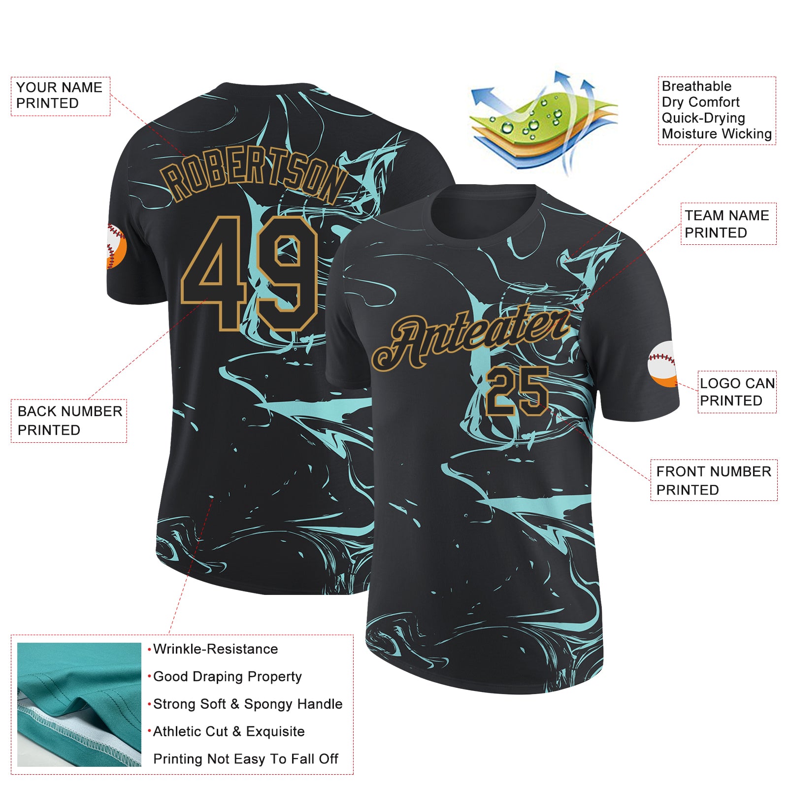 Custom Black Ice Blue-Old Gold 3D Esports Performance T-Shirt