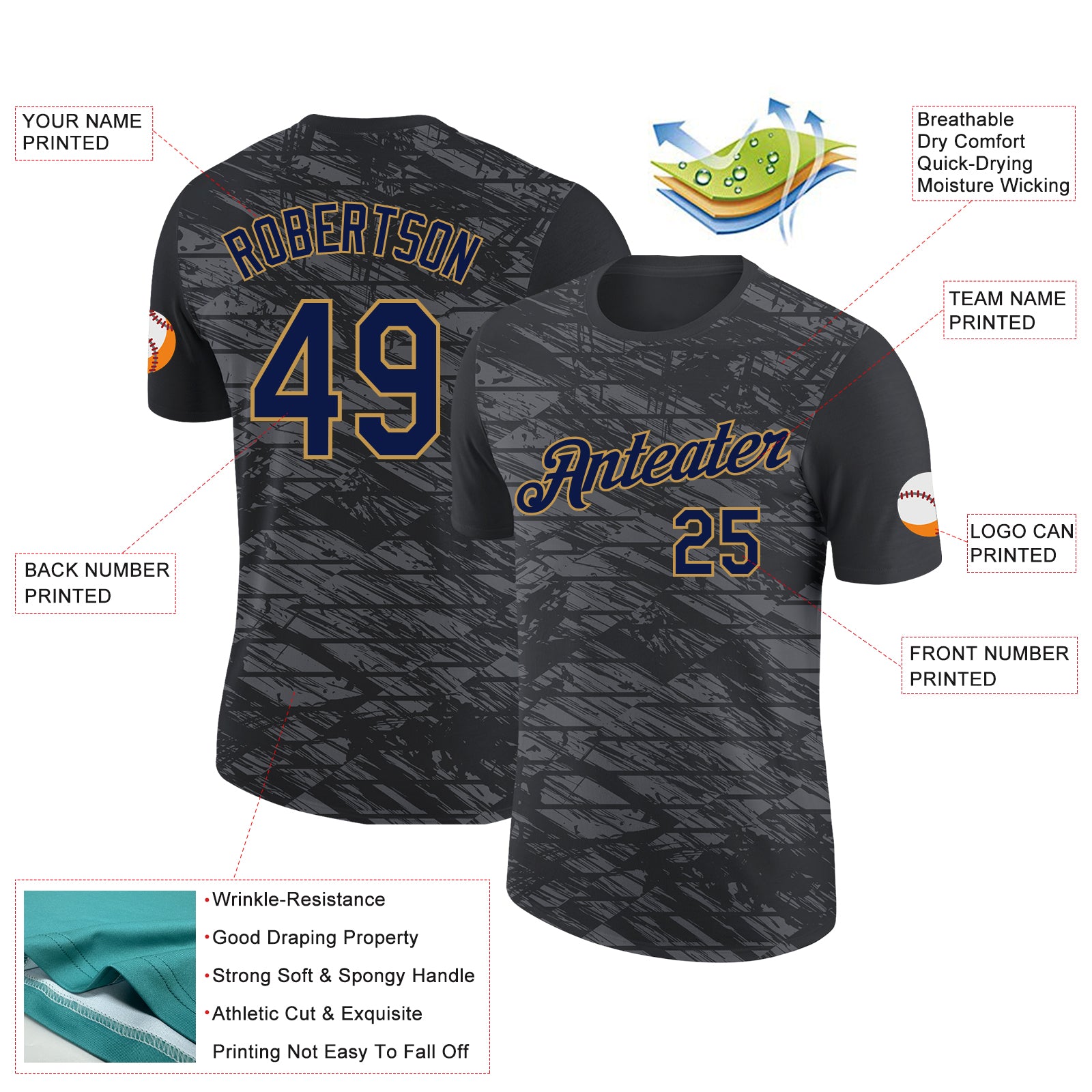 Custom Black Navy-Old Gold 3D Esports Performance T-Shirt