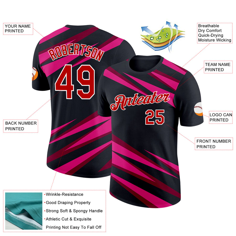 Custom Black Red Maroon-Hot Pink 3D Esports Performance T-Shirt