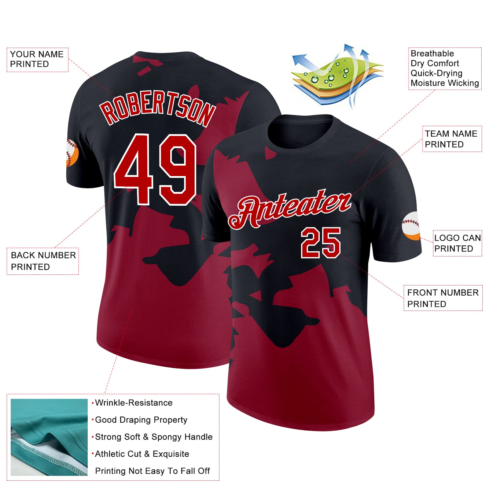 Custom Black Red-Cardinal 3D Esports Performance T-Shirt