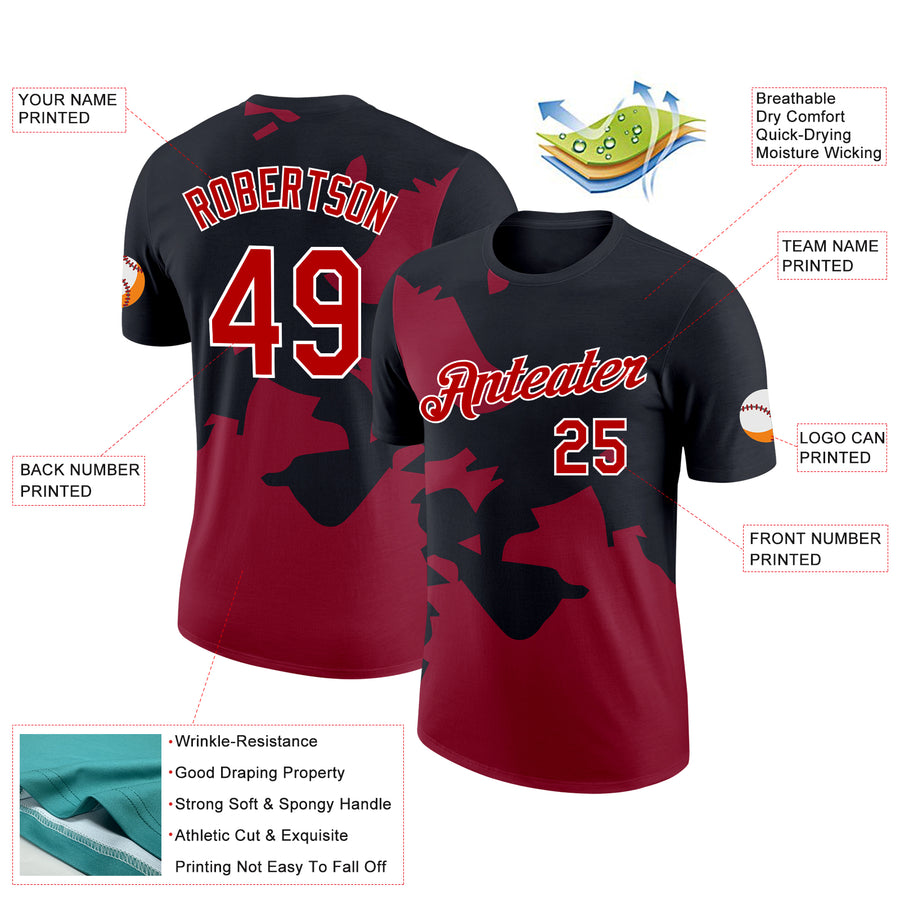 Custom Black Red-Cardinal 3D Esports Performance T-Shirt