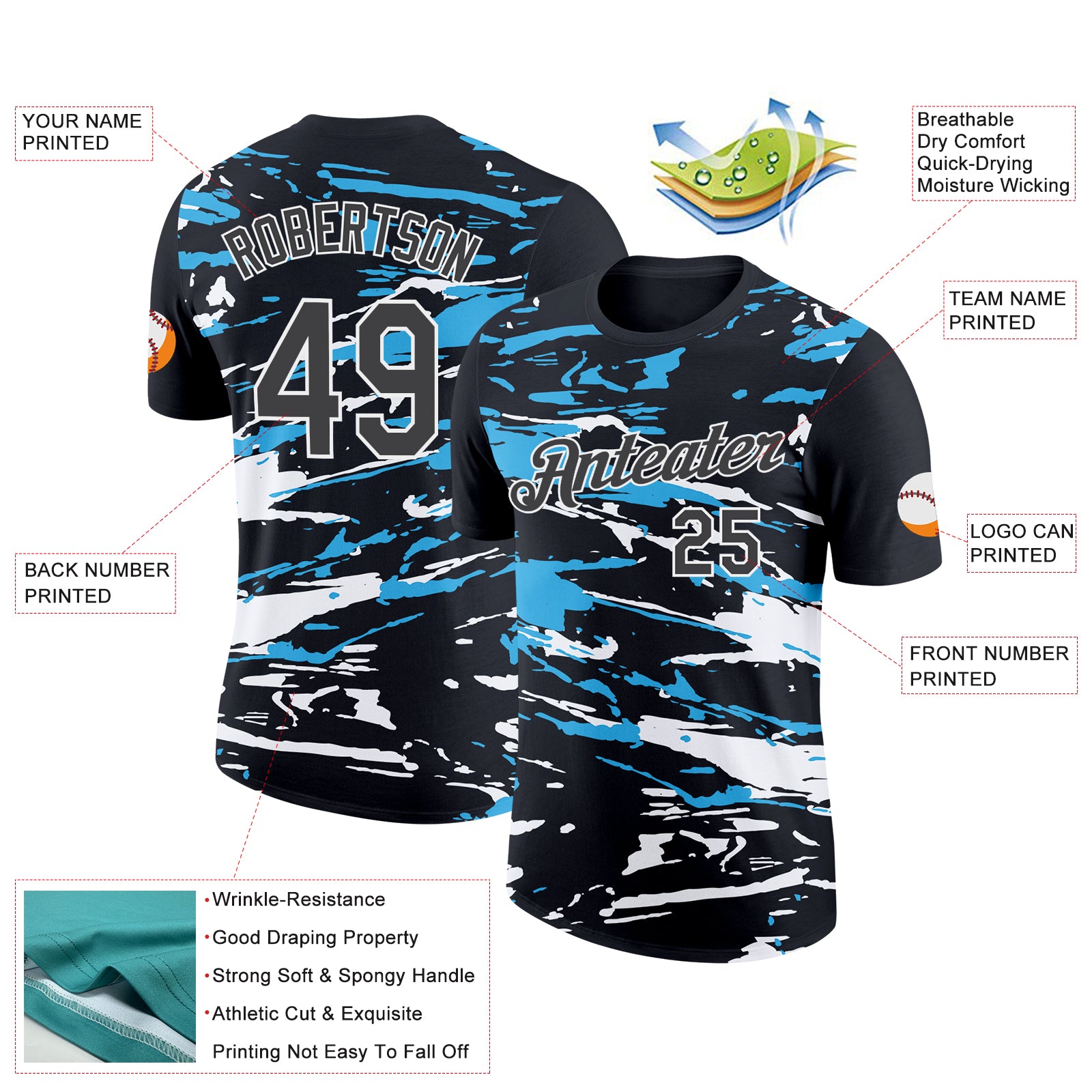 Custom Black Steel Gray-Sky Blue 3D Esports Performance T-Shirt