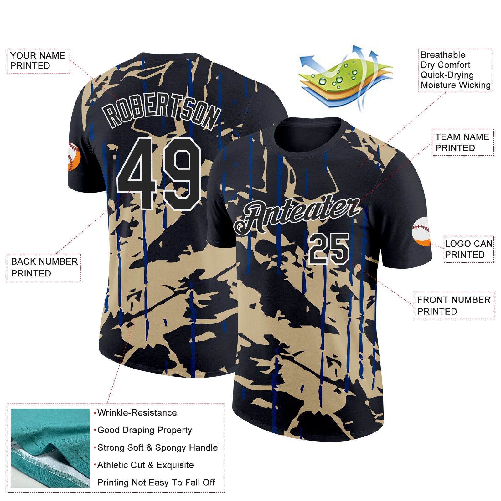 Custom Black Vegas Gold-US Navy Blue 3D Esports Performance T-Shirt